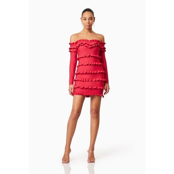 Elliatt Kimberly Long Sleeve Frill Mini Dress Red Party Cocktail size S NWT$389 - Picture 2 of 6